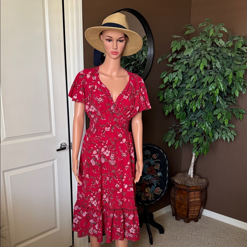 Max Studio Red Floral Midi Dress with Flutter Sleeves
